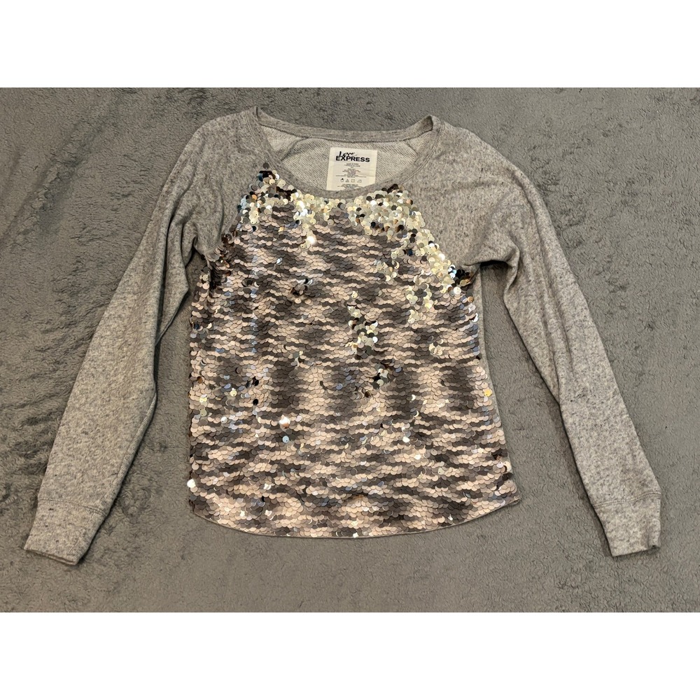 Love Express Womens Gray Sequin Front Raglan Long Sleeve Sweatshirt Top Size S